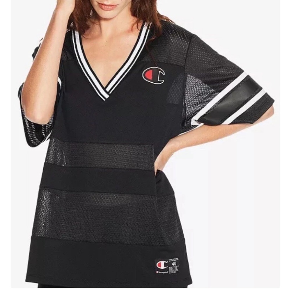 Champion Womens Black Athletic Striped Mesh V Neck Jersey Top Sheer Gym Beach L